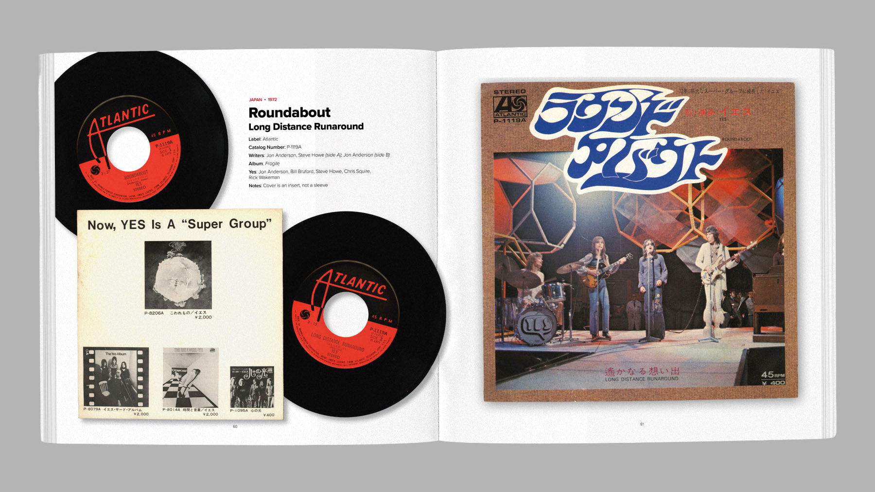The Japanese picture sleeve 45 rpm record for YES's "Roundabout" shown on pages from Yesstuff Volume 3: A Compendium of YES 45 rpm Picture Sleeve Singles.